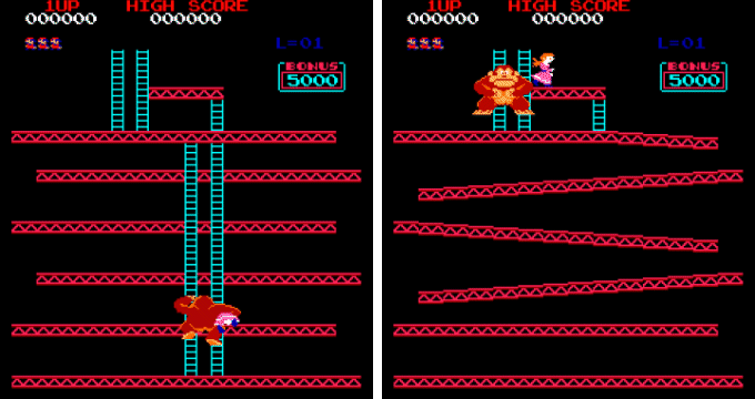 Screenshots from the opening scenes of an online playable version of Donkey Kong
          (http://www.fetchfido.co.uk/games/donkey_kong/donkey_kong.htm)