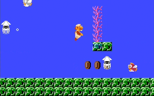 In the underwater levels, Mario must avoid Bloopers and Cheep-Cheeps