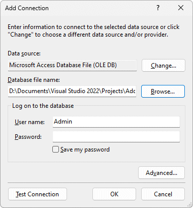 You should now see the filename and path for the database in the dialogue box