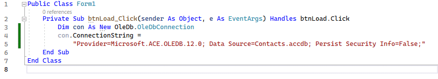 This code creates a connection object and a connection string