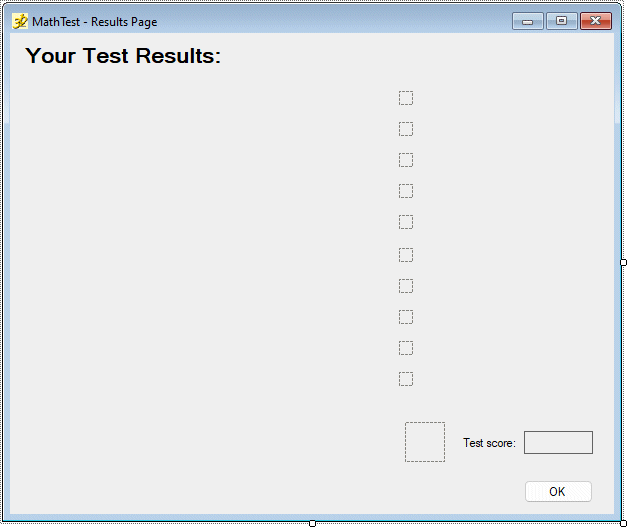 The MathTest results form interface