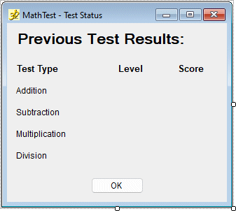 The MathTest test status form interface
