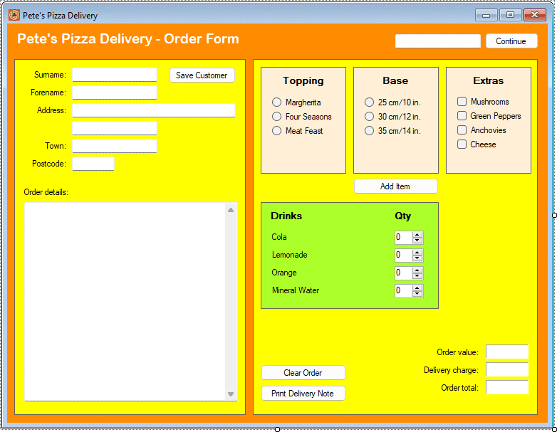 The PizzaDelivery program interface