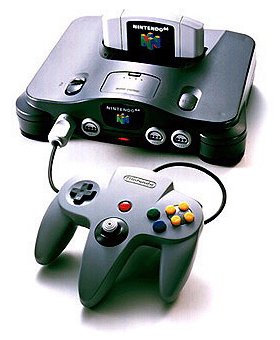 A Nintendo 64 console with mounted cartridge