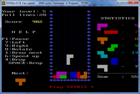 The player can choose to see a preview of the next tetromino to fall (bottom left)
