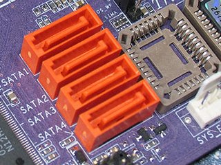 Close-up of SATA slots on a motherboard