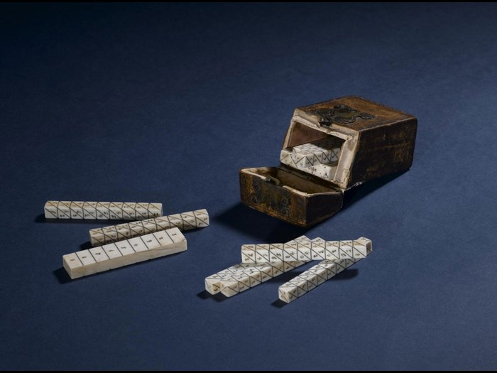 A set of Napier's Bones in ivory, in a small leather case, c. 1650
