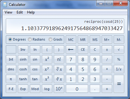 The calculator displays the value of sec (25 degrees)