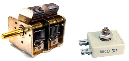 An air variable capacitor (left) and a mica compression capacitor (right)