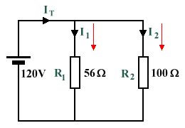 A current divider consisting of two resistors in parallel with a supply voltage