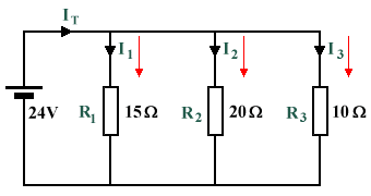 A potential divider consisting of three resistors in parallel with a supply voltage