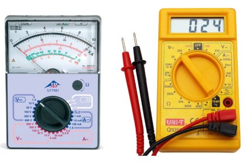 An analogue multimeter (left) and a digital multimeter (right)