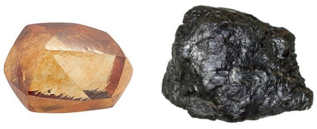 An uncut diamond(left) and a sample of crystalline vein graphite (right)