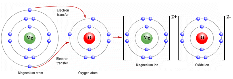 In magnesium oxide, each magnesium atom donates two electrons to an oxygen atom