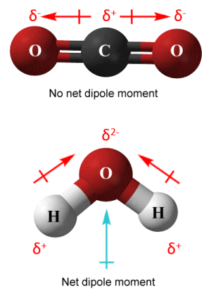 Dipole moments in CO2 (top) and H2O (bottom)
