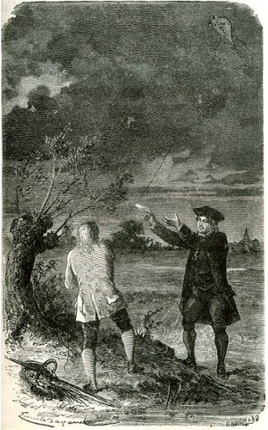 Engraving of Benjamin Franklin's kite-flying experiment
