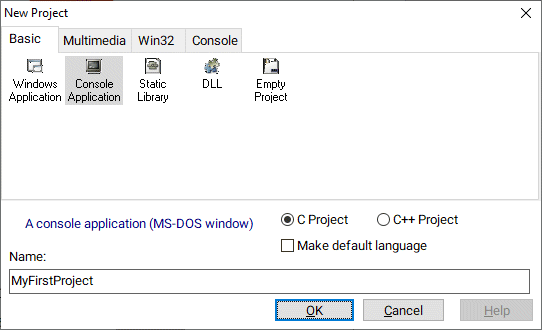 Create a new C project called MyFirstProject as a console application