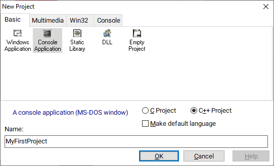 Create a new C project called MyFirstProject as a console application