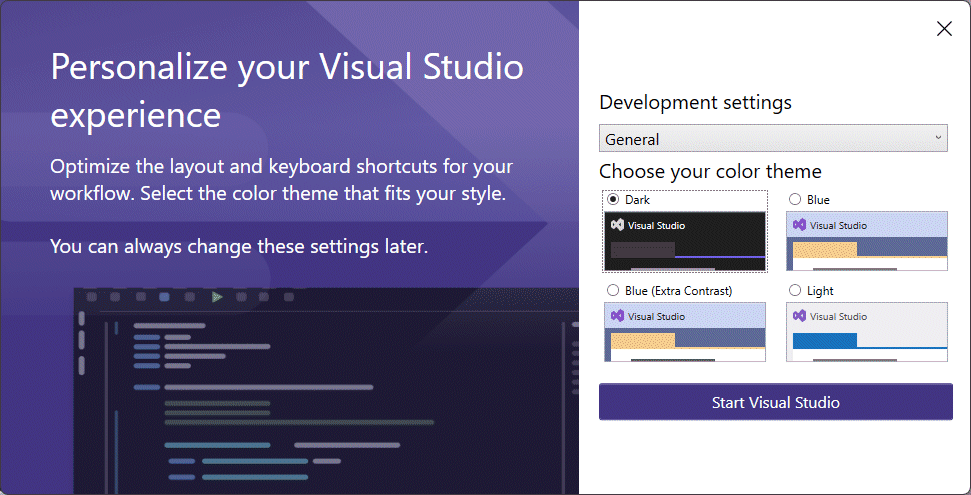 Development settings dialog box