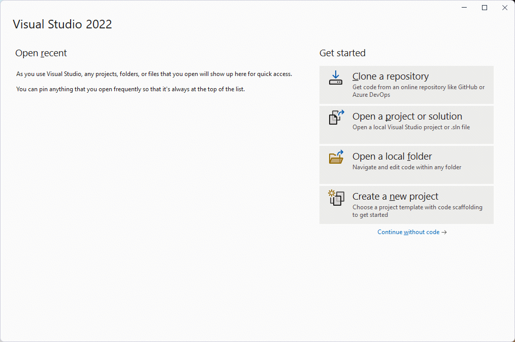 The Visual Studio 2022 start page.