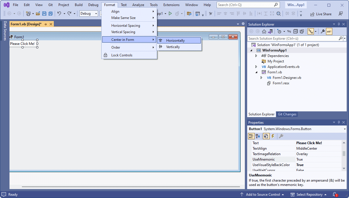 Select Center in Form, Horizontally