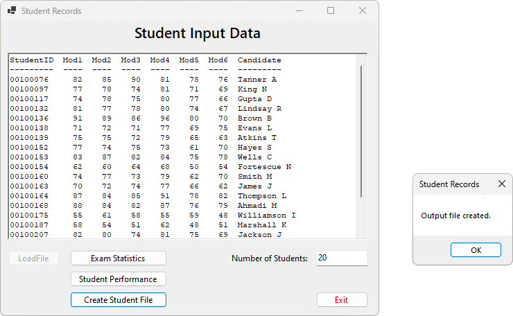 The Create student file button displays a message when the file has been created