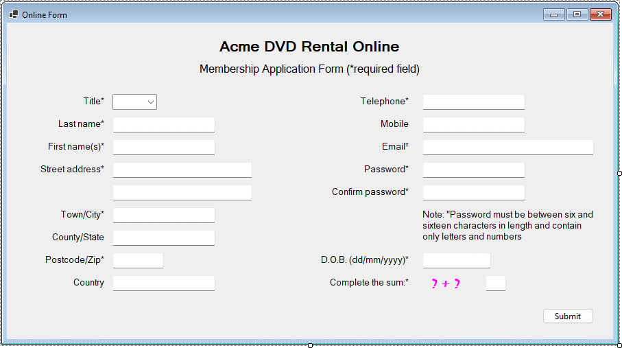 The OnlineForm program interface