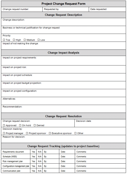 A typical project change request form