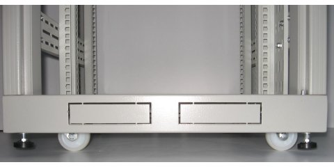 Side view of bottom of enclosure showing castors and levelling feet