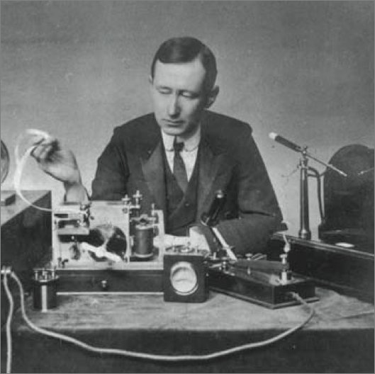 Marconi with equipment used in some of his early long distance wireless transmissions