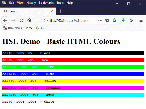 HTML colours can be specified using HSL (hue, saturation and lightness)