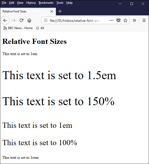 This example shows the effect of the relative font-size units em, rem and %