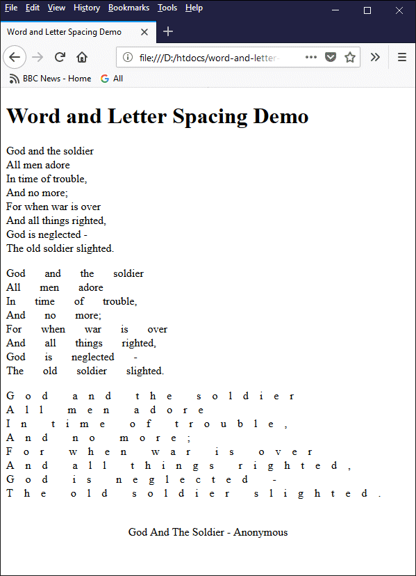 Example of changing the size of the spaces between words and letters