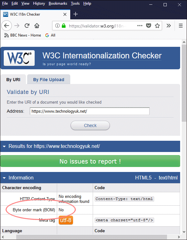 W3C's Internationalization Checker will indicate whether a BOM is present