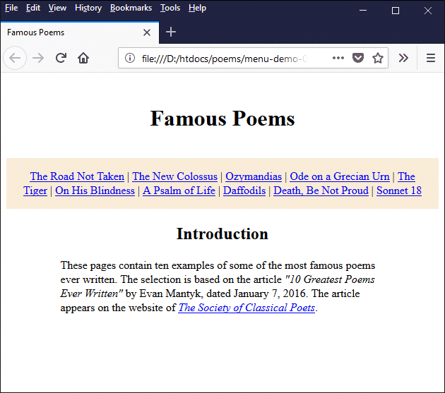 A web page with a simple horizontal menu bar