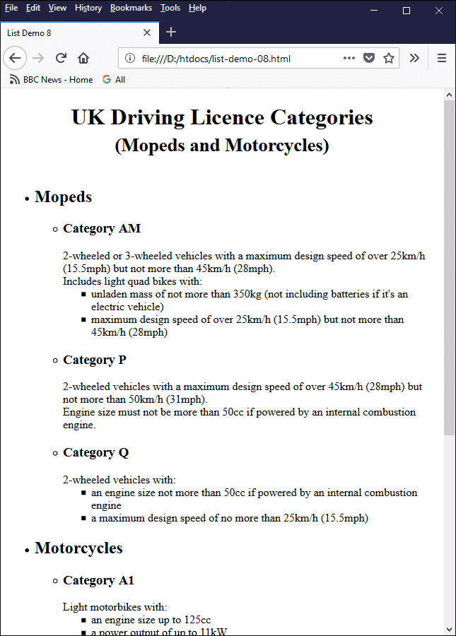 A nested list displaying vehicle licencing categories and sub categories