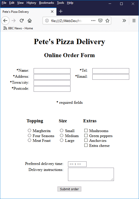 This page contains a simple online pizza order form