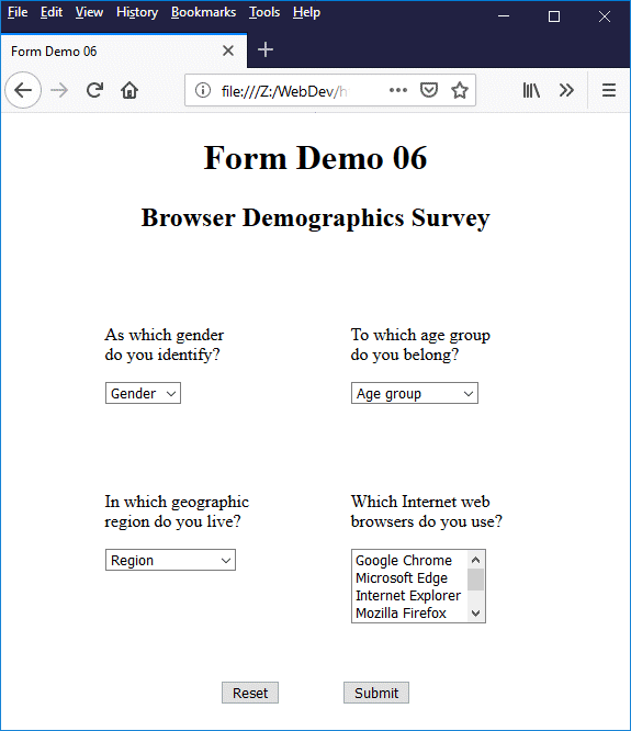 The Browser Demographics Survey form uses drop-down lists and a a list box
