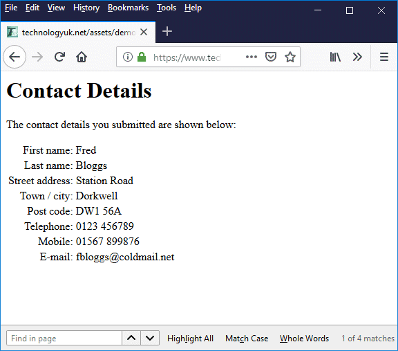 The contents of the contact form are displayed