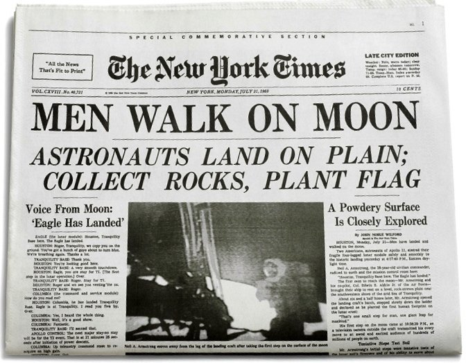 The 'above the fold' portion of the front page of The New York Times, 21st July 1969