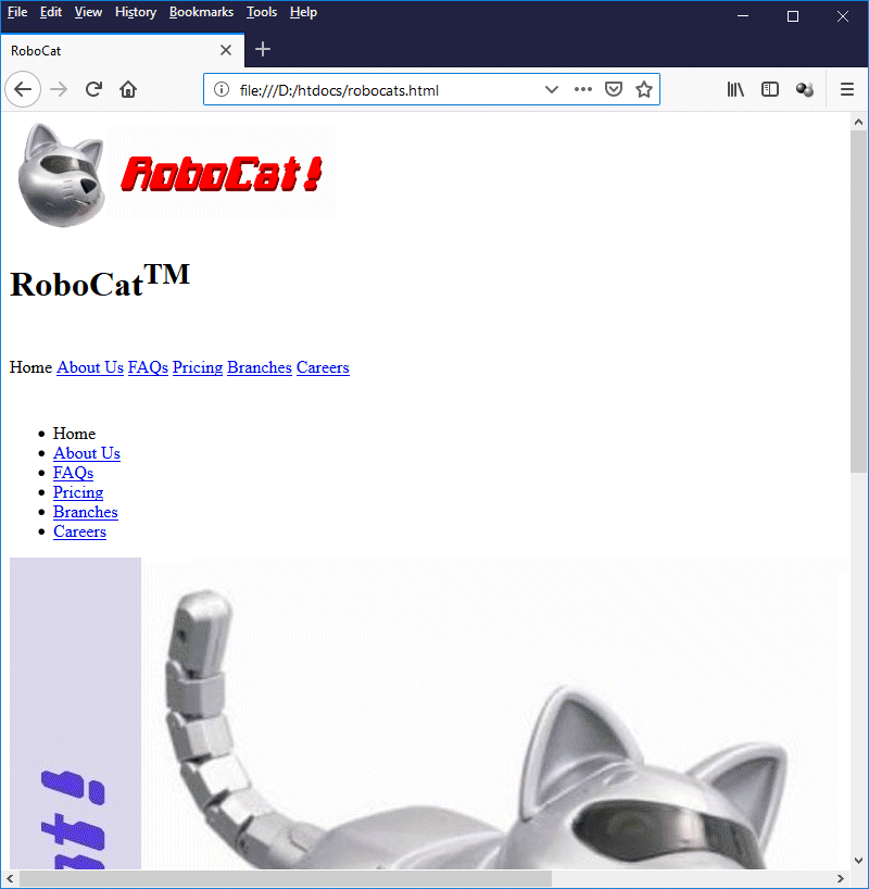 The RoboCat! home page with no styling applied