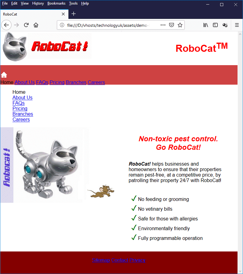 The partially syled RoboCat! home page