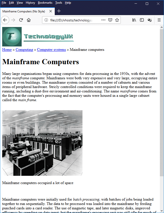 The 'mainframe Computers' page with no styling