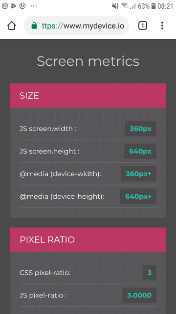 A summary of screen metrics including screen size in CSS pixels . . .