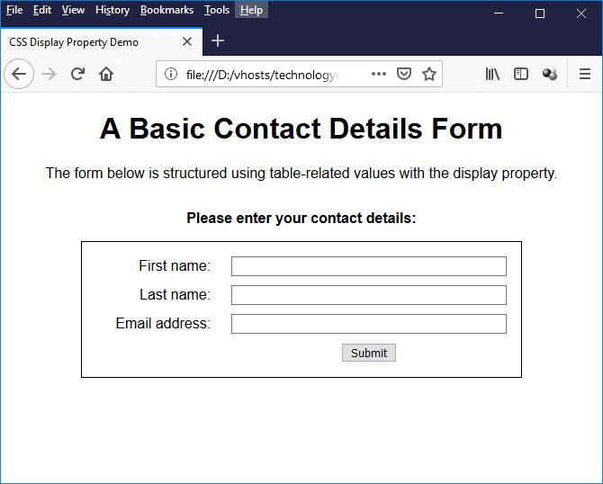 A basic contact details form, structured using the display property with table-related values