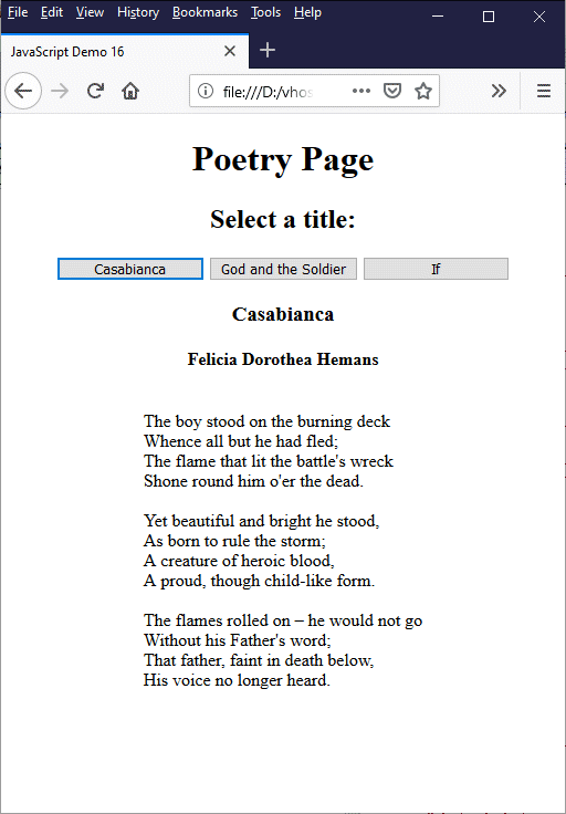 Clicking on a button displays all or part of a poem