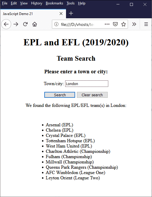 The search algorithm finds all matches for the town or city entered