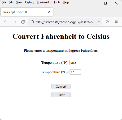 This web page allows a user to convert a temperature from Fahrenheit to Celsius
