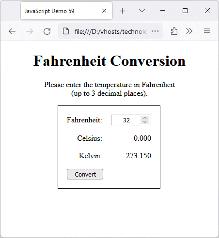 A form to convert temperatures in Fahrenheit to Celsius and kelvins