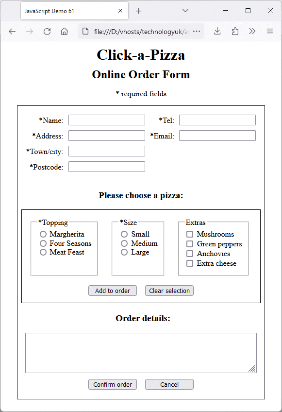 Radio buttons and checkboxes are used to select a pizza